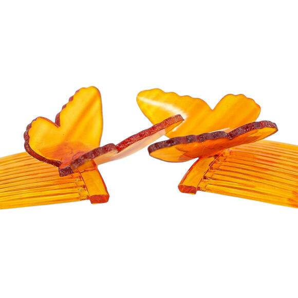 Vintage Amber Celluloid Butterfly Hair Combs, Made in USA – 1940s Factory-Split - Picture 3 of 8
